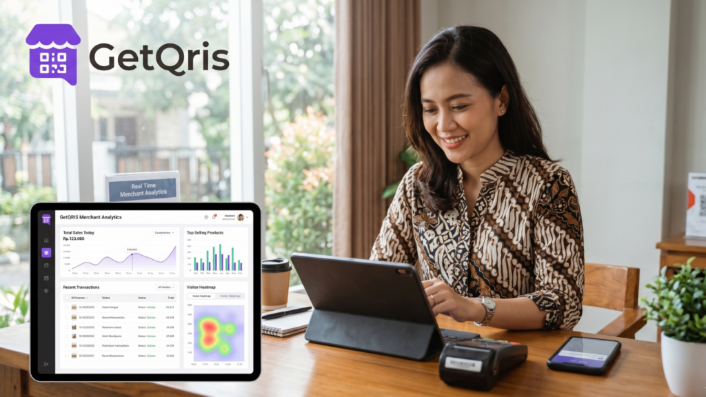 Dashboard analitik GetQRIS untuk memantau laporan transaksi merchant dan statistik e-wallet secara real-time.