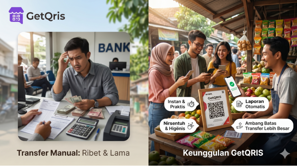 Ilustrasi perbandingan keunggulan transaksi QRIS yang instan dan tercatat otomatis dibandingkan proses pengecekan transfer bank manual yang rumit bagi UMKM.