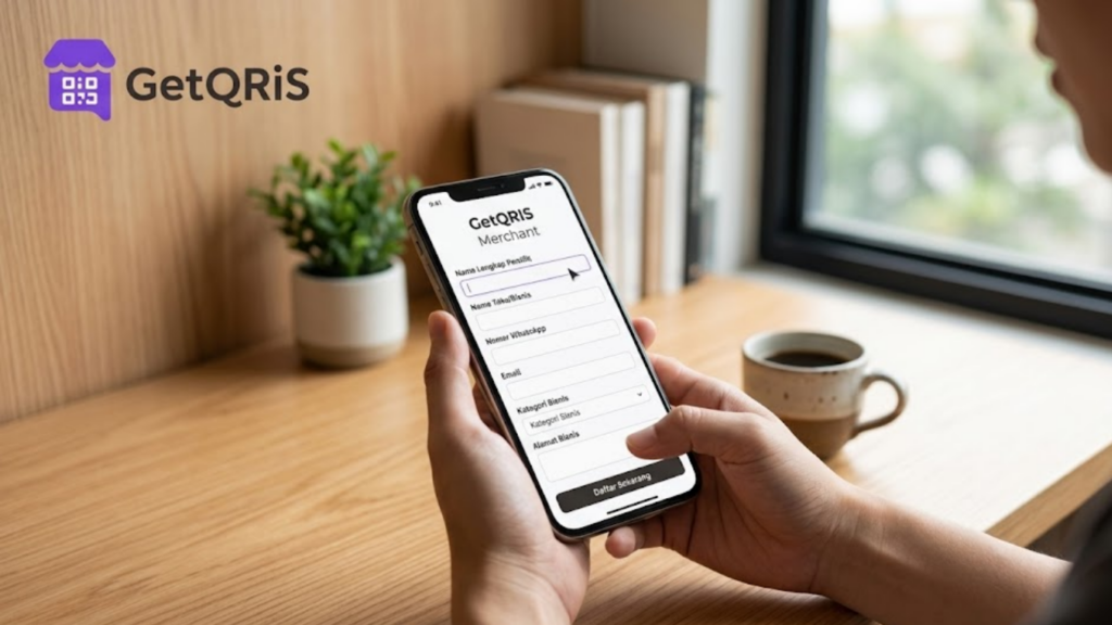 Tampilan antarmuka form pendaftaran merchant online GetQRIS yang praktis untuk mempermudah proses registrasi dan aktivasi bisnis UMKM.