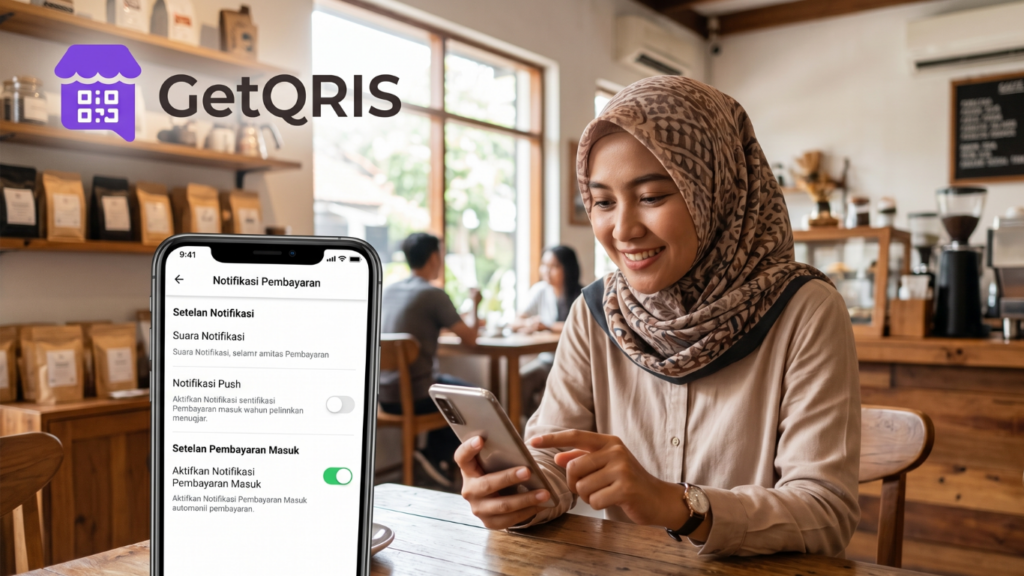Merchant UMKM melihat notifikasi pembayaran QRIS masuk di aplikasi GetQRIS melalui HP Android