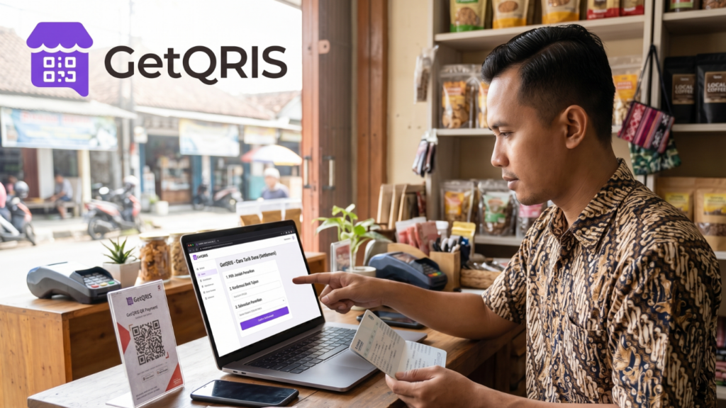 Kasir kafe menggunakan GetQRIS QRIS All Payment untuk menerima pembayaran digital, notifikasi suara, dan laporan kasir