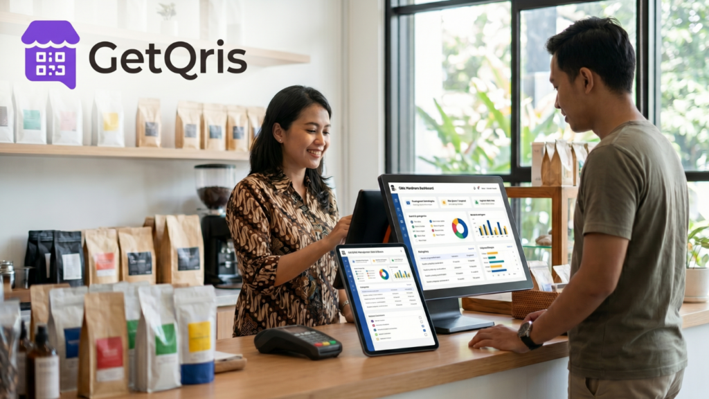 Aplikasi GetQRIS menampilkan stok barang, laporan kasir, QRIS All Payment, dan transaksi merchant UMKM