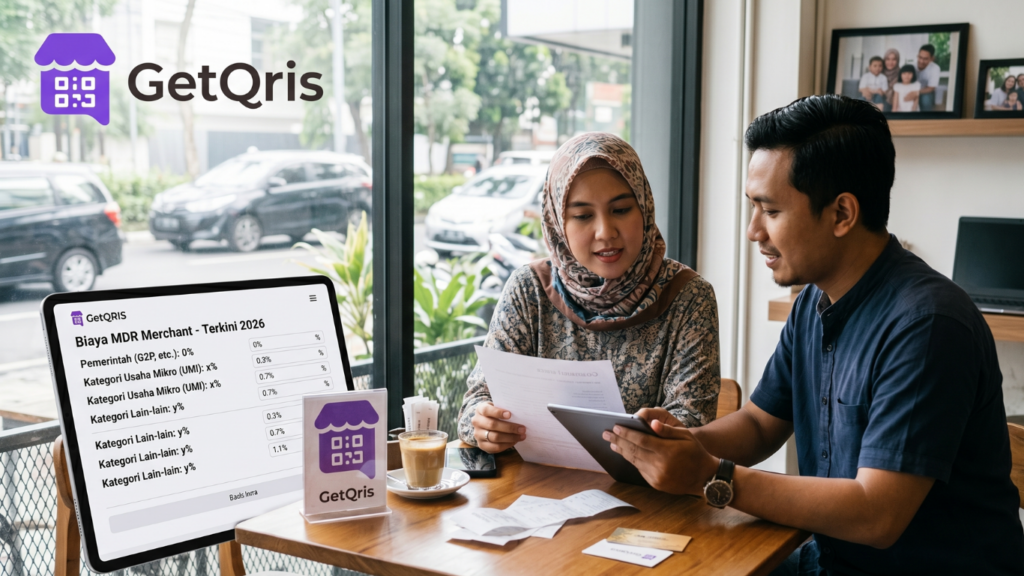 Merchant menggunakan GetQRIS untuk memahami biaya MDR QRIS 2026, QRIS All-in-One, settlement, dan laporan transaksi