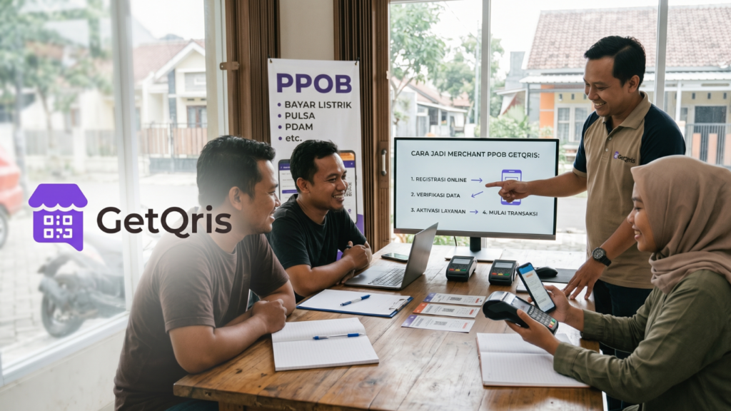 Agen PPOB menggunakan GetQRIS untuk menerima QRIS All Payment, pembayaran listrik, PDAM, dan tagihan online