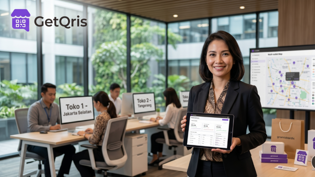 Fitur manajemen multi-outlet dari GetQRIS untuk mengelola transaksi pembayaran e-wallet di seluruh cabang merchant retail