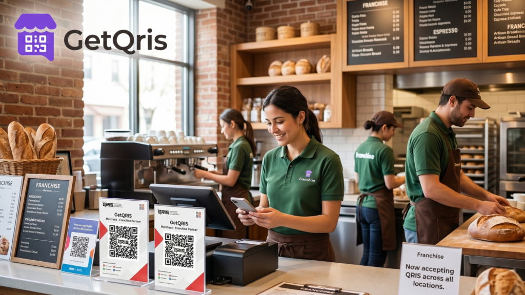 Outlet franchise menggunakan GetQRIS untuk QRIS All Payment, pembayaran digital, dan laporan transaksi kemitraan