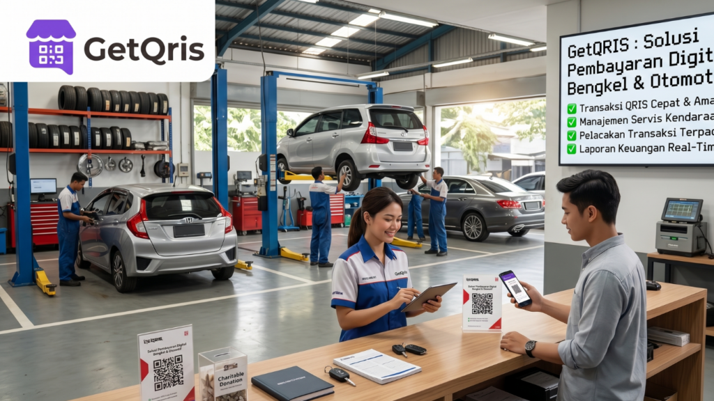 Bengkel otomotif menggunakan GetQRIS untuk pembayaran QRIS, servis kendaraan, sparepart, dan laporan transaksi