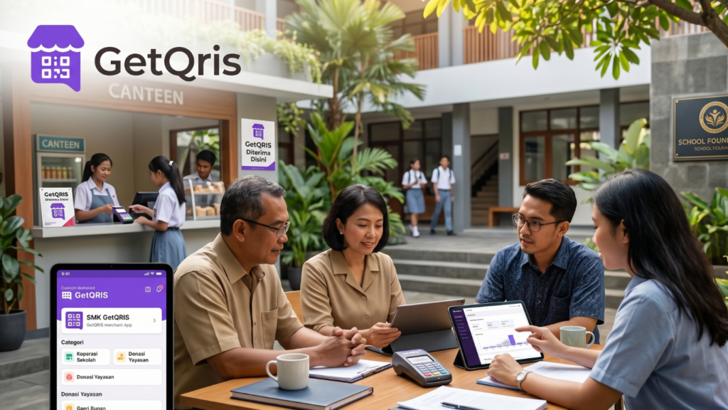 Admin sekolah menggunakan GetQRIS QRIS Merchant untuk pembayaran iuran, SPP, donasi yayasan, dan laporan transaksi