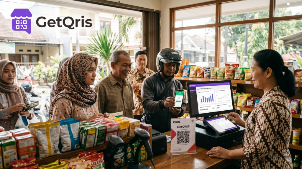 Toko kelontong menggunakan GetQRIS QRIS All Payment untuk pembayaran warung, notifikasi suara, dan laporan transaksi