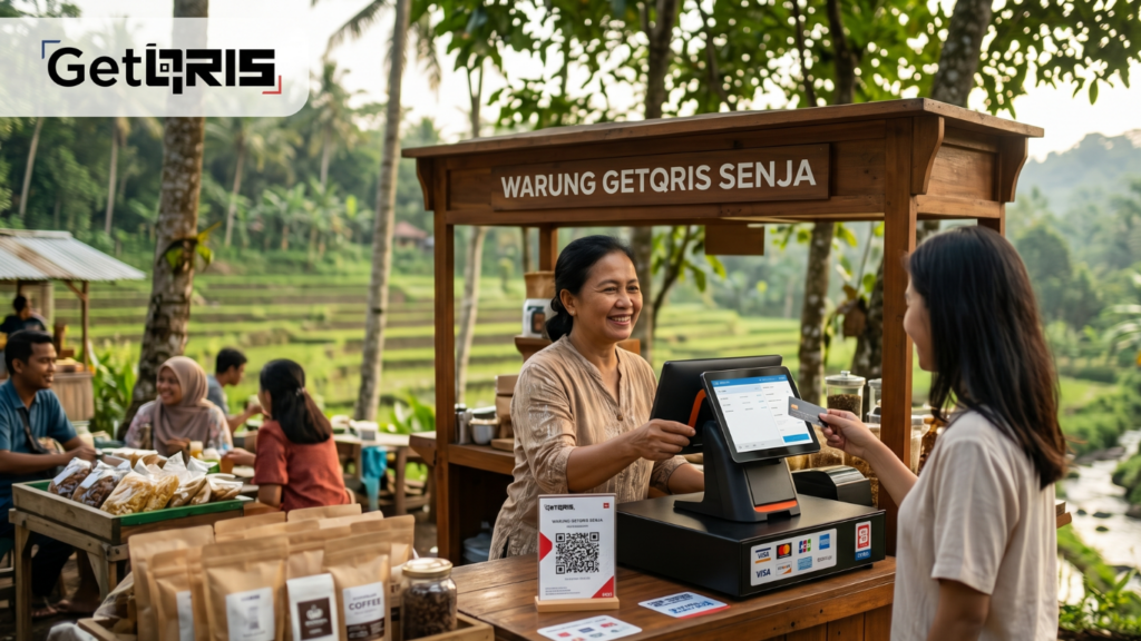 Merchant menggunakan GetQRIS untuk QRIS all in one, QRIS all payment, kartu kredit online, Visa, Mastercard, dan payment gateway