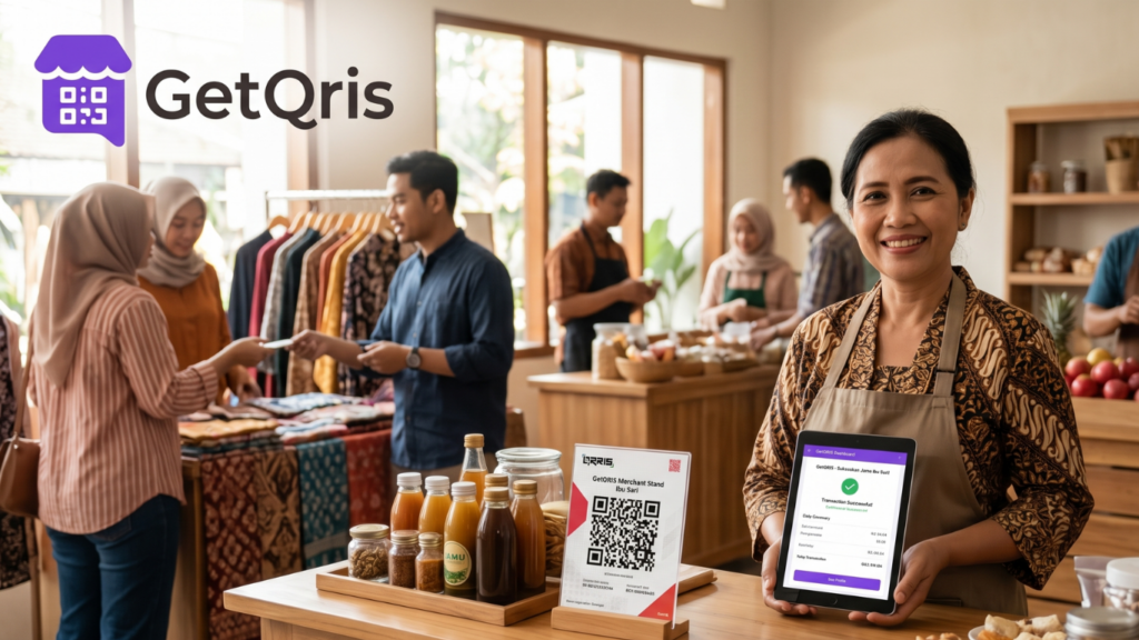 Ilustrasi QRIS untuk UMKM dengan pembayaran digital, biaya MDR merchant terbaru, aplikasi QRIS merchant, dan dashboard transaksi usaha kecil