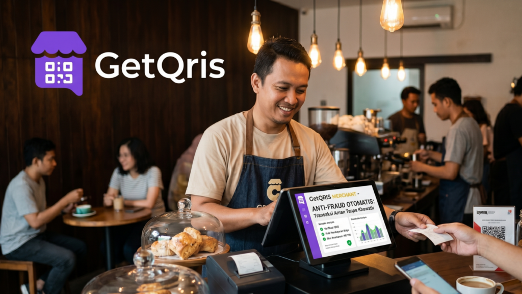 Merchant menggunakan GetQRIS untuk QRIS toko online, QR all payment, notifikasi suara, dan perlindungan anti-fraud
