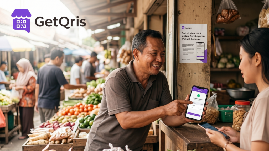 GetQRIS sebagai App QRIS UMKM dengan ilustrasi Virtual Account, payment gateway, QRIS, dan transaksi online