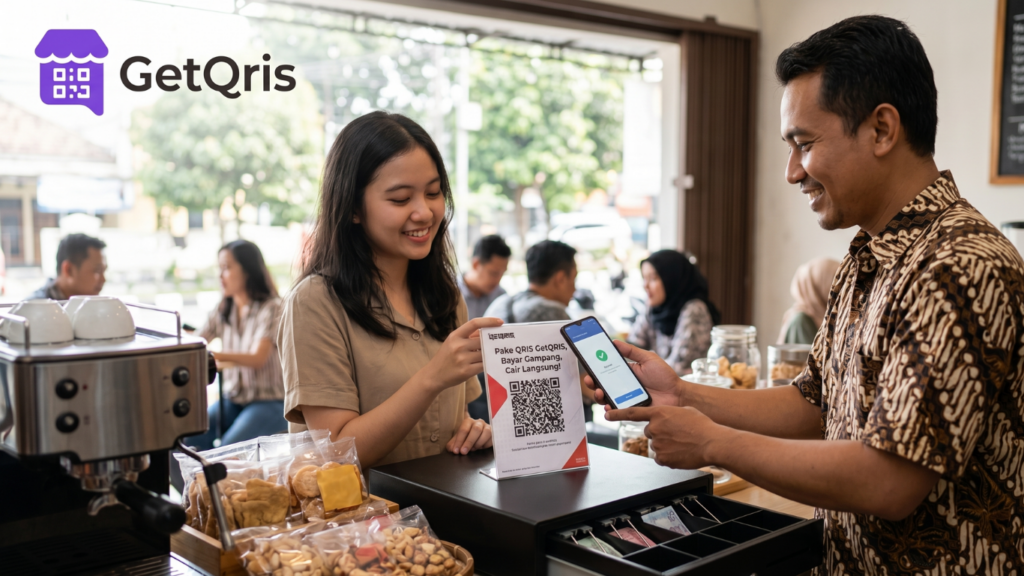 Pemilik toko menggunakan aplikasi pembuat QRIS toko untuk menerima pembayaran digital