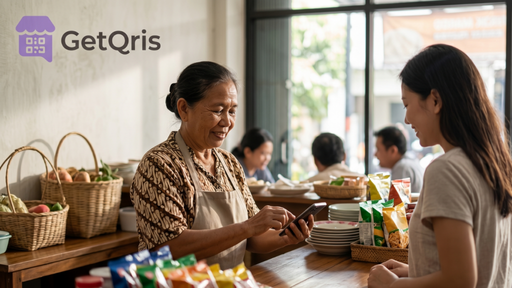 Merchant menggunakan GetQRIS untuk QRIS app pembayaran online, reward program, cashback biaya transaksi, dan promo QRIS