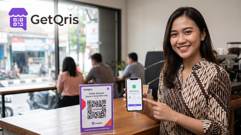 Ilustrasi merchant mendapatkan barcode QRIS melalui aplikasi GetQRIS, penyedia layanan QRIS berizin Bank Indonesia, dan dashboard pembayaran digital