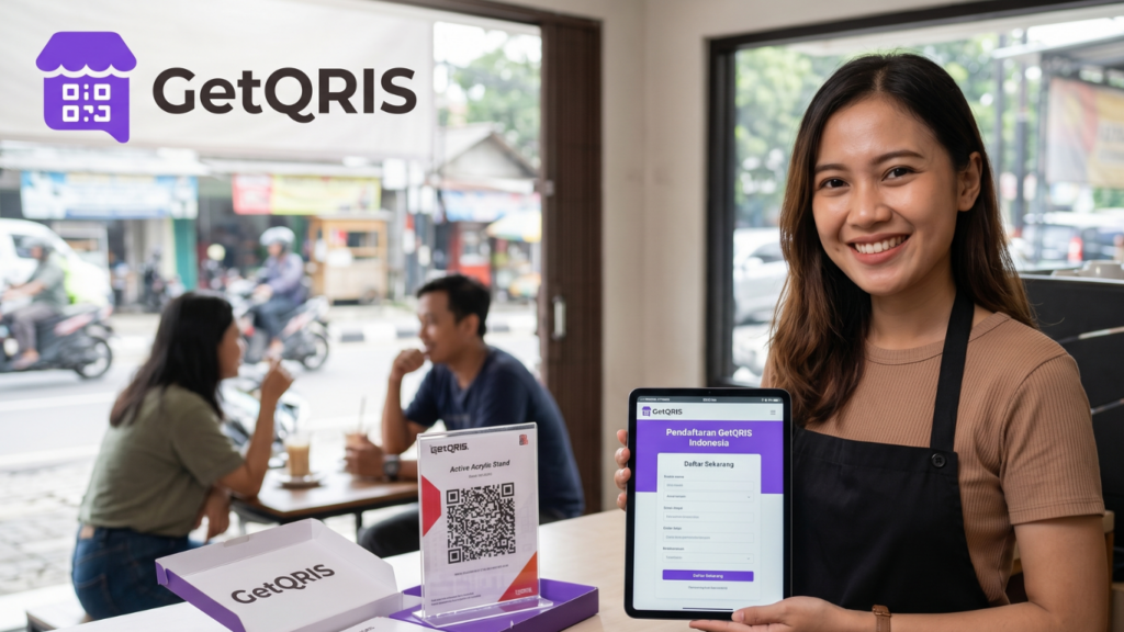 Ilustrasi merchant mendaftar GetQRIS Indonesia melalui aplikasi QRIS, platform website merchant, e-wallet, dan dashboard transaksi multi outlet